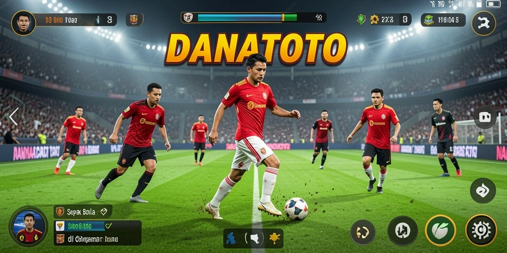 Tampilan utama gameplay sepak bola yang mendebarkan.