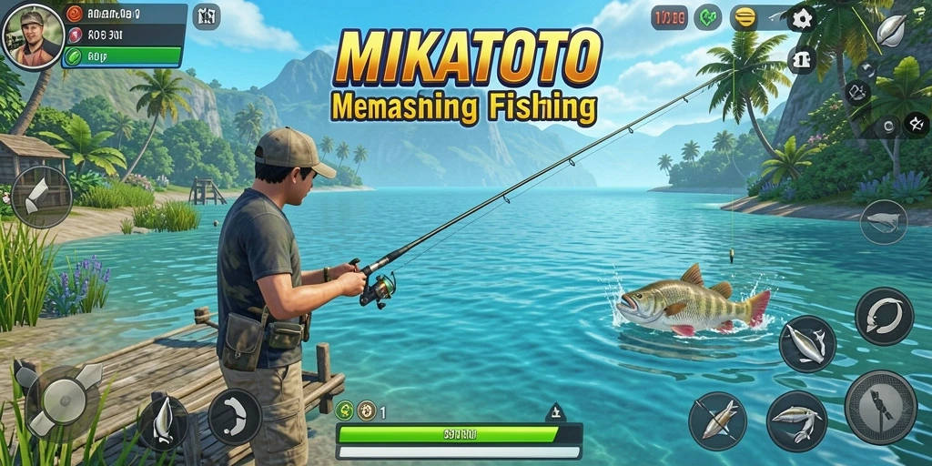 Screenshot gameplay <strong>MIKATOTO</strong> yang menampilkan aksi memancing seru.